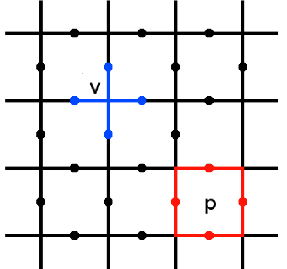 Topological Degeneracy on the Torus Diagram - Square lattice on the torus illustrating the arrangement of physical qubits on edges and the definitions of vertex and face operators.